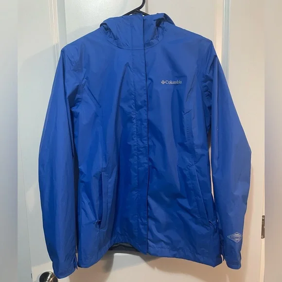 Columbia Bright Blue Hooded Rain Jacket Mesh Lining Sz M - Picture 1 of 9